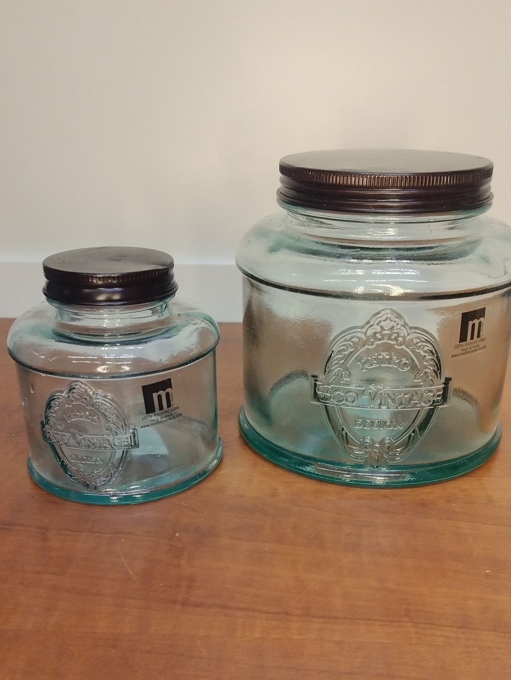 Eco Vintage 100% Recycled Glass Jars Made In Spain 32 & 8 Oz. Screw-on Lid